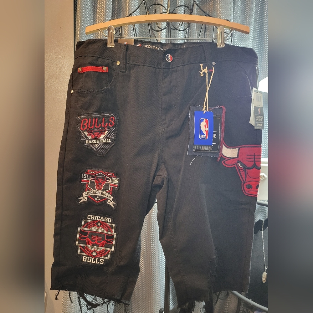 NBA Black Jean Shorts with Chicago Bulls Patches